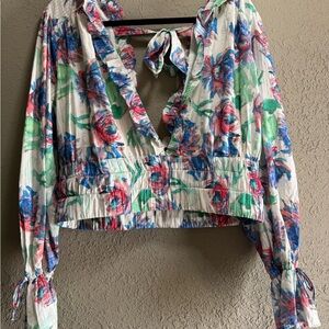 Anthropologie Floral Ruffle Crop Top